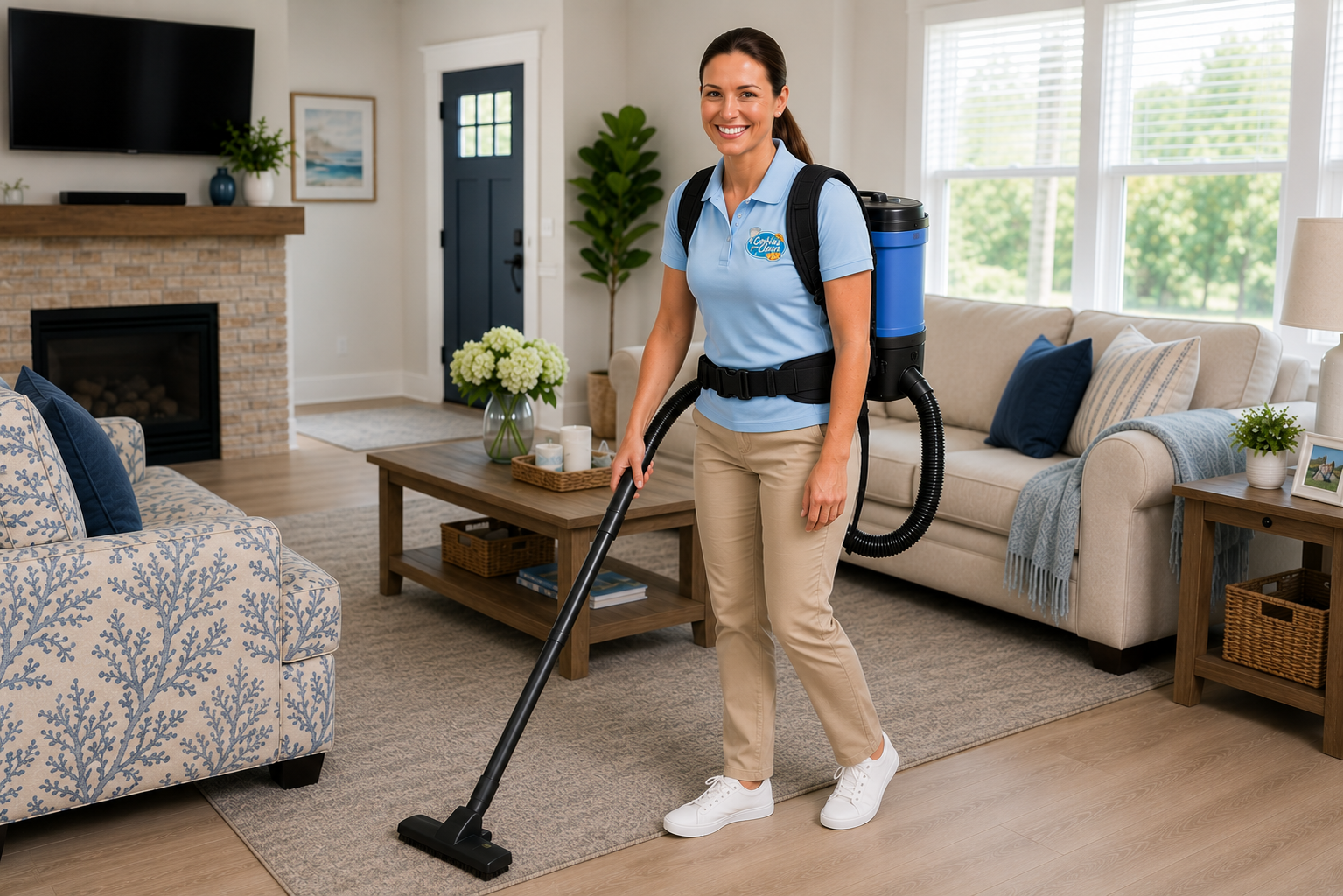 Cookies and Clean&trade; employee vacuuming a living room